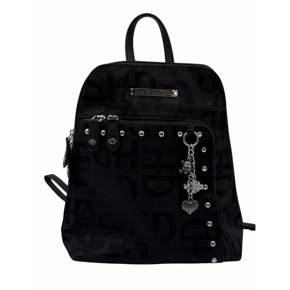 RARE Harley-Davidson Women\'s Black Monogram Backpack Studded Charm Zip Bag main image 9